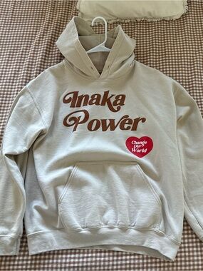 Inaka Power Cream Hoodie with Brown Script and Red Heart